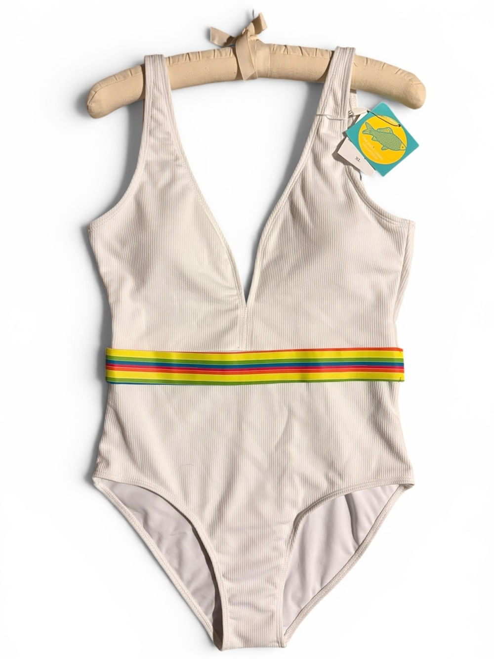 NEW The Kelly Cahill Collection White One-Piece Swimsuit Rainbow Belt Women's XL